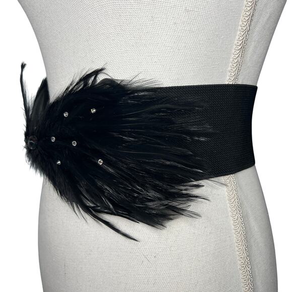 Vintage 90s Size Medium Large Black Feather Rhinestone Belt Wide Stretch Cinch main image 6